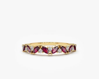 Half Eternity Unique Band Dainty 10K Solid Gold Ring Inset Marquise Cut Ruby Ring Handmade Stacking Minimal Gemstone Women Moissanite Ring