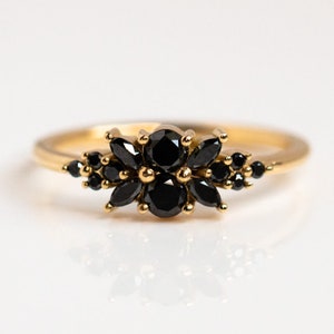 Flower Elegant Thin Dainty 10K Solid Gold Ring Inset Faceted Black Spinel Plain Ring Handmade Stacking Statement Ring Gemstone Women Ring