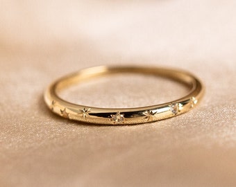 10K Gold Moissanite Starburst Band: Celestial Stacking Ring