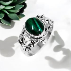 Oval Malachite Ring: Handmade 925 Sterling Silver Statement Band