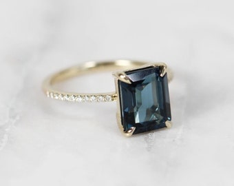 Studded November Birthstone Thin Dainty 10K Solid Gold Ring Inset Emerald Cut London Blue Topaz Ring Handmade Stacking Minimal Gemstone Ring