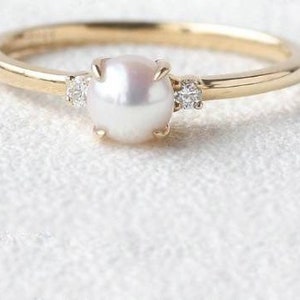 10K Solid Gold Thin Ring Natural Freshwater Pearl and Moissanite Studded Ring Inset June Birthstone Handmade Solitaire Statement Women Ring