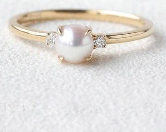 10K Solid Gold Thin Ring Natural Freshwater Pearl and Moissanite Studded Ring Inset June Birthstone Handmade Solitaire Statement Women Ring