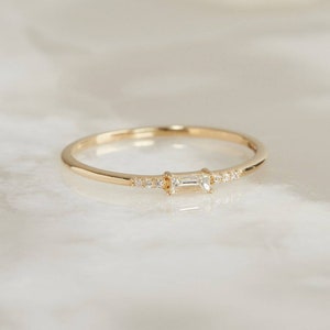 Handmade 10K Gold Baguette Moissanite Ring: Thin Band Stacking Ring