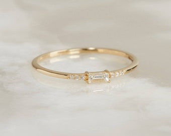 Baguette Elegant Thin Band Dainty 10K Solid Gold Ring Inset Moissanite Plain Ring Handmade Stacking Statement Ring Gemstone Women Ring