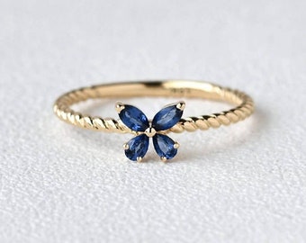 Twisted Shank Butterfly Inset Blue Sapphire 10K Solid Gold Thin Ring Handmade Dainty Stacking Minimal Ring Gold Gemstone Women Unique Ring