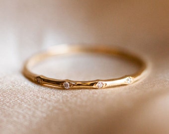 Handmade 10K Gold Moissanite Ring: Bamboo Style Stacking Band
