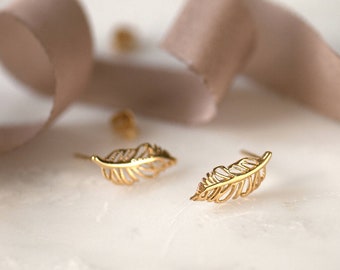Delicate Feather Stud Earrings 10K Solid Gold Minimal Feather Post Earring Handmade Tiny Feather Boho Studs Minimalist Dainty Ear Stud