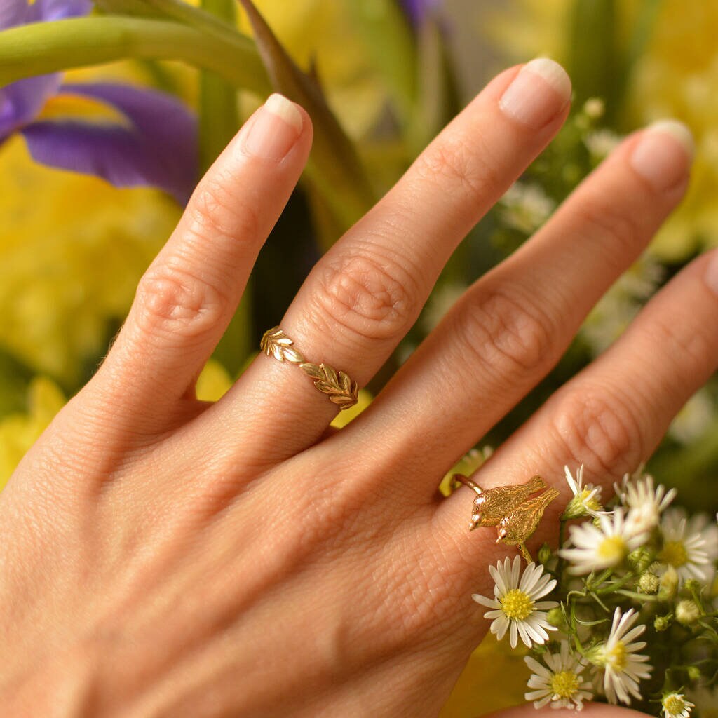 Double Laurel Wreath Leaf Filigree Ring In 10k Yellow Gold - Handmade High Polish Size 8