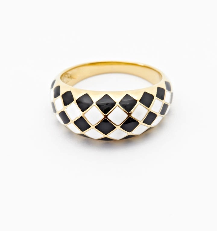 10K Solid Gold Black and White Checkerboard Dome Band Dainty Enamel Boho Everyday Statement Ring Handmade Stacking Women Chunky Band Ring