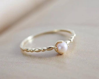 Pearl 10K Solid Gold Thin Ring Natural Freshwater Pearl Studded Ring June Birthstone Handmade Statement Women Precious Gemstone Bridal Ring