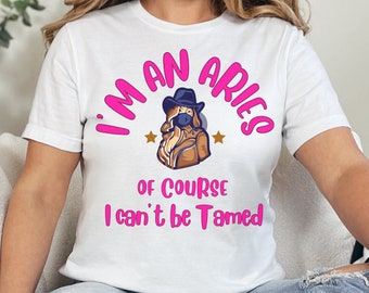 Aries Rodeo Cow Girl T-Shirts, Zodiac Sign Gifts for Women, Pink Gifts for Her, Girlfriend Birthday, Spring Shirt, Graphic Text, Big Letters