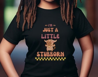 A Little Stubborn T Shirt, Checkered Print Animal Tee, Funny Text shirts, Horoscope Birthday Gifts, Taurus the Bull Fun Facts, Graphic Tee