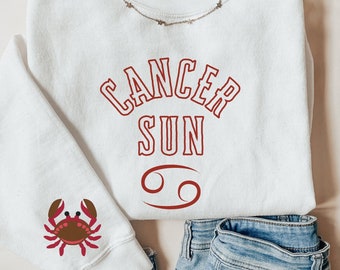 Print Sleeve Cancer Sweatshirts, Astrology Gifts, Zodiac Water Sign Shirt, Sun, Moon Phase, July Birthday, Gift for Her, Character Horoscope