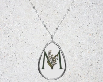 Initial and Birth Month Flower Necklace, Letter Pendant, Floral Gifts, Lily of the Valley, Birthstone Jewelry, Birthday Gifts, Gift for Mom