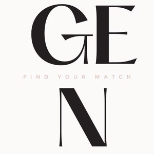 Peut inclure: Conception graphique en noir et blanc avec le texte "GEN FIND YOUR MATCH" et un grand "N" noir en dessous.