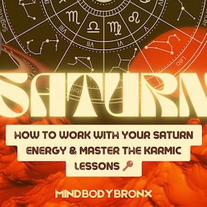May include: A graphic with a yellow text overlay that reads "SATURN HOW TO WORK WITH YOUR SATURN ENERGY & MASTER THE KARMIC LESSONS" with a key icon. The background is a red and orange landscape with a planet and a zodiac wheel.