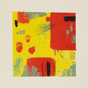 ORIGINAL ABSTRAKTE MALEREI Gelb Acryl auf Papier 10 x 10cm Miniatur von Maxine Lee Mackie