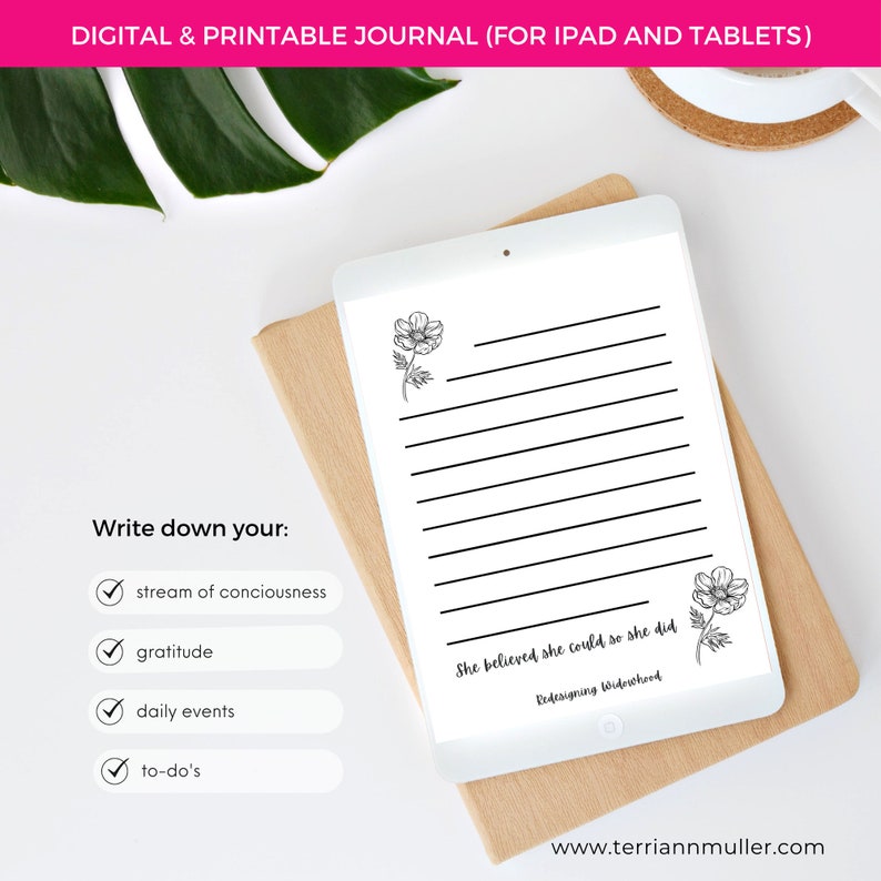 Daily Journal for Widows, Digital and Printable Journal for iPad and Tablet, Gratitude Journal ...