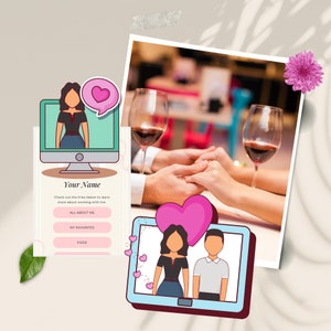 May include: A digital illustration of a couple holding hands, with a pink heart above them. The image is on a tablet screen with a blue border. The background is a blurry image of a couple holding hands at a restaurant table with two glasses of red wine.