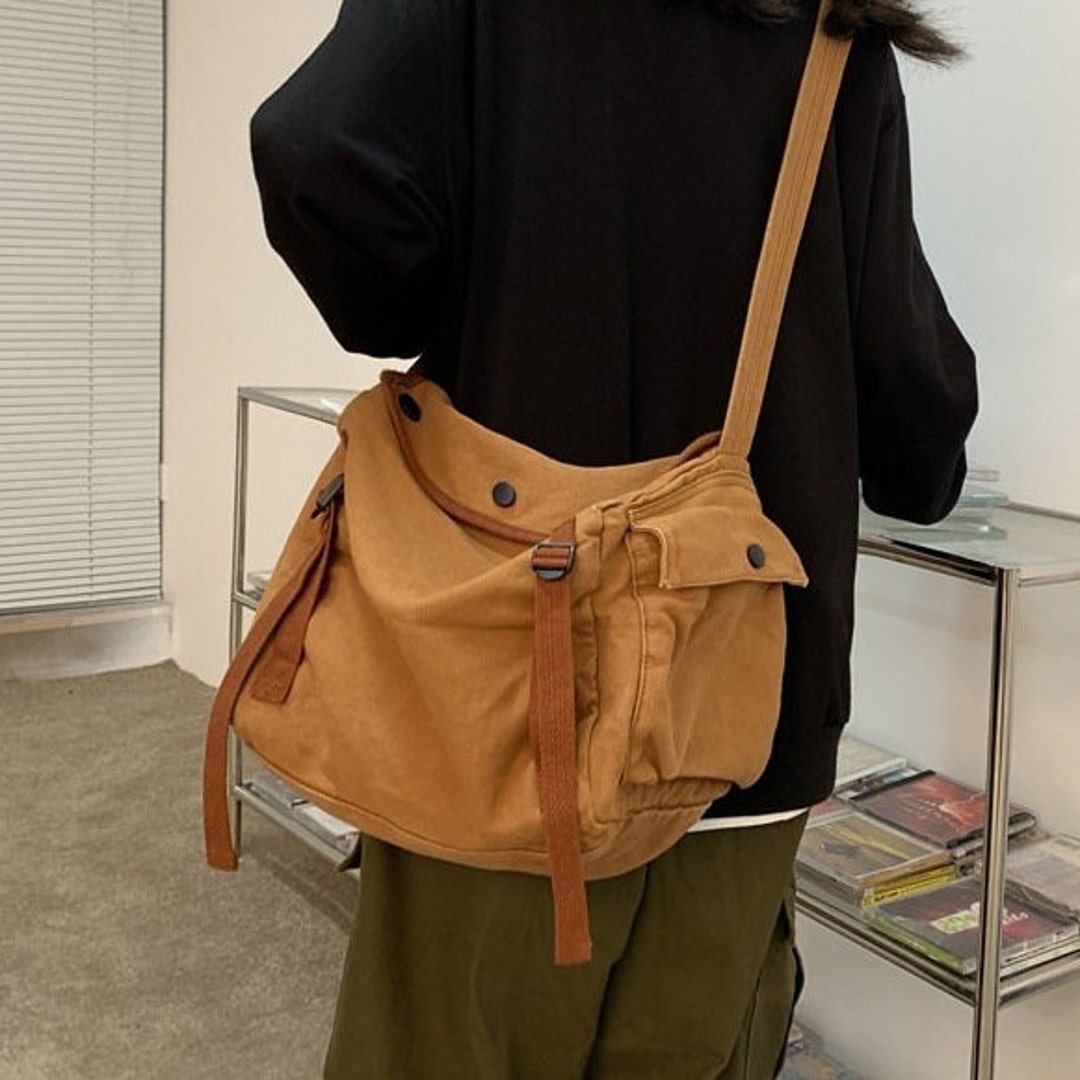 Large Canvas Crossbody Bag With Big Pockets Messenger Bag Etsy