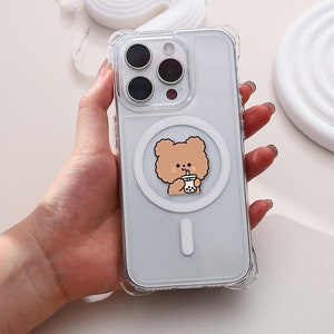 Étui pour téléphone magnétique transparent ours mignon avec chaîne pour téléphone, étui ProMax pour iPhone 15 14 13 12 11, Support Magsafe, étui pour iPhone 15 14 Plus
