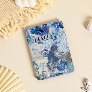 May include: A blue and white collage style notebook cover with the words "Beach More Worry Less" and "Don't overthink it" on it.