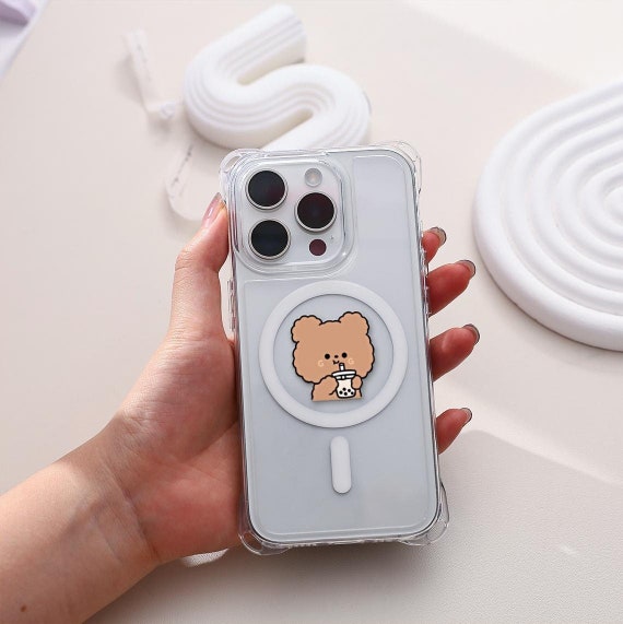 Cute Bear Clear Magnetic Phone Case with Phone Chain, Support Magsafe iPhone15 14 13 12 11 ProMax case, iPhone15 14 Plus case