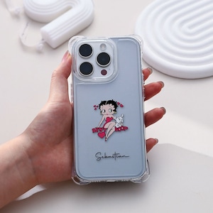 Betty Boop Girl Custom Name iPhone Case avec chaîne de boîtier, iPhone15 14 13 12 11 ProMax Case, iPhone15 14 Plus Case, iPhone15 14 13 12 Pro Case