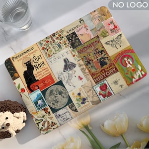May include: A collage of vintage images and text on a laptop skin. The images include a black cat, a woman in a dress, a butterfly, a strawberry, and a moon. The text includes "Chat Noir", "Vogue", "Well Behaved Women", "Rarely Make History", and "Posta Romana".