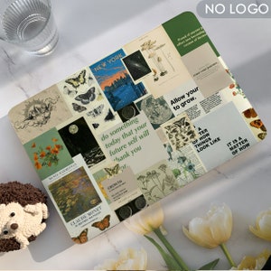 Puede incluir: Una piel para portátil con un collage de imágenes, incluyendo mariposas, flores, setas y texto. El texto incluye citas como "haz algo hoy que tu yo futuro te agradecerá" y "Permite que crezcas."