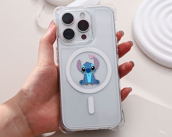 Cute Stitch Clear Magnetic Phone Case with Phone Chain,iPhone15 14 13 12 11 ProMax case,iPhone15 14 Plus case,iPhone15 14 13 12 Pro case