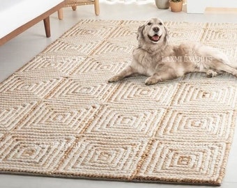 Alfombra de área de yute tejida a mano, alfombra de paja natural hecha a mano moderna de mediados de siglo, alfombra de yute Hall Runner Cottagecore Boho Home Decor Alfombra de tamaño personalizado