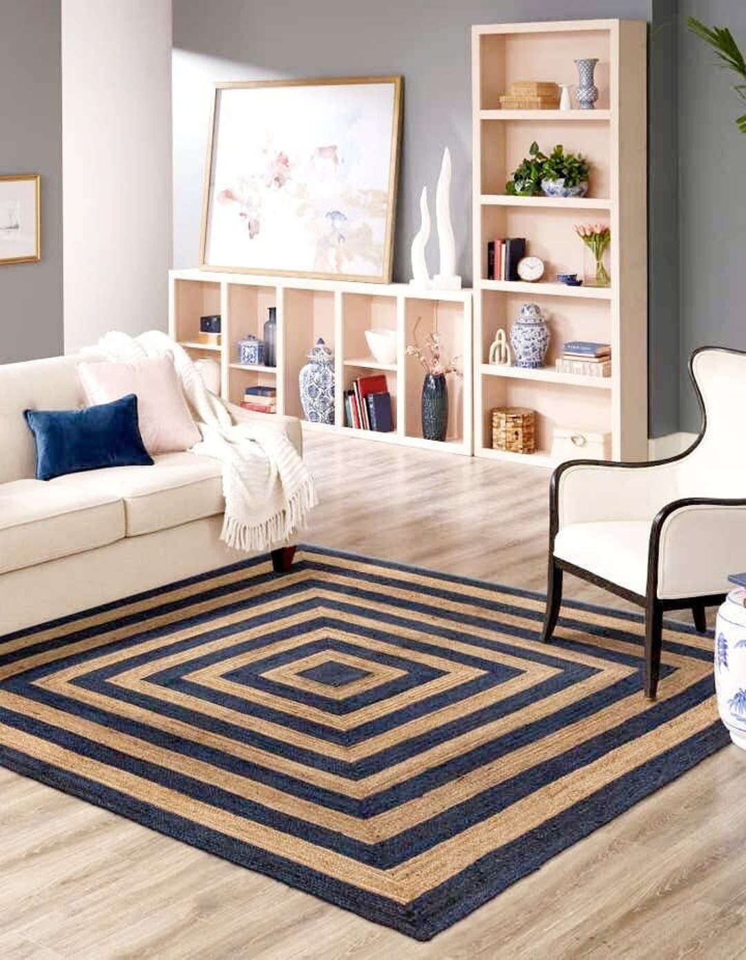 Natural and Blue Jute Rug Handmade Jute Rug, Natural Jute Runner