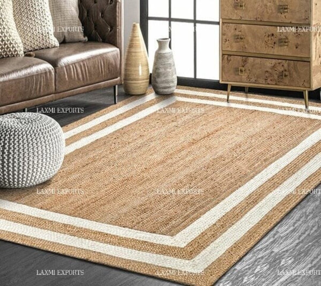 Natural Jute Rug With White Border, Jute Braided Rug, Rectangle Jute Rug, Bohemian Jute Rug