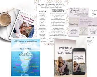 Puede incluir: Una colección de recursos para padres, que incluye una guía de disciplina positiva, un libro titulado "Parenting with Confidence" y una pantalla de teléfono que muestra el mismo título. Las imágenes están sobre un fondo azul claro con un diseño floral.