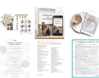 Puede incluir: Una colección de recursos para padres que incluye un libro titulado "Parenting with Confidence", una hoja imprimible con mantras de padres conscientes, una hoja imprimible con 75 estrategias fáciles y divertidas para calmar a los niños, una hoja imprimible con 23 actividades de mindfulness para niños y una tableta digital que muestra una guía de regulación emocional para niños.