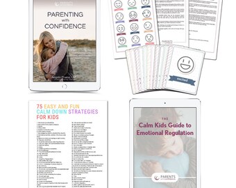 Puede incluir: Un conjunto de recursos para padres que incluye un libro digital titulado "Parenting with Confidence", una hoja imprimible con 75 estrategias fáciles y divertidas para calmar a los niños, un libro digital titulado "The Calm Kids Guide to Emotional Regulation", y un juego de cartas de emociones con varias expresiones faciales.