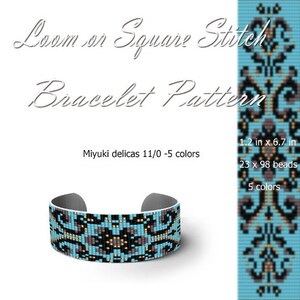 May include: A turquoise, black, gold, and gray beaded bracelet pattern for loom or square stitch. The pattern is 1.2 inches wide and 6.7 inches long, using 23 rows and 98 beads. The pattern requires 5 colors of Miyuki delicas 11/0 beads.