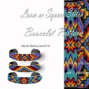 May include: Three beaded bracelets with colorful geometric patterns, made with Miyuki Delicas beads. The bracelets are 0.69 inches wide and 6.2 inches long. The image also shows a close-up of the beading patterns, which are inspired by Native American designs. Loom or Square Stitch Bracelet Pattern.