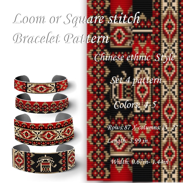 Chinese ethnic  Style Pattern loom pattern bracelet  cuff DIY jewelry Beading mosaic  tutorial  Square stitch