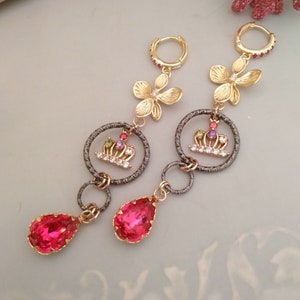 Pink long chandelier earrings Flower motif 24 k gold filling Blush chandeliers