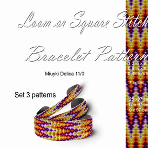 Op de afbeelding: Set van drie geweven armbanden in loom- of vierkant-steek, in geel, oranje, paars en zwart. De armbanden zijn gemaakt met Miuyki Delica 11/0 kralen en zijn 3,3 cm, 2,3 cm en 1,2 cm breed. Elke armband is 17 cm lang.