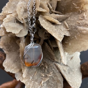 Translucent natural carnelian wire wrapped pendant necklace