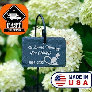 Cat Pet Memorial 3x4 Forever in our Hearts Custom Personalized Laser Engraved SLATE Grave Stone Garden Marker with Sign Stand Kitten Animal