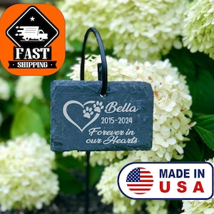 Dog Pet Memorial 3x4 Forever in our Hearts Custom Personalized Laser Engraved SLATE Grave Stone Garden Marker with Sign Stand.