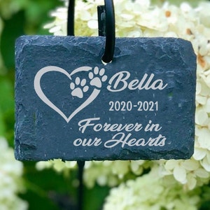 Dog Pet Memorial 3x4 Forever in our Hearts Custom Personalized Laser Engraved SLATE Grave Stone Garden Marker with Sign Stand.