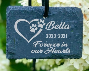 Dog Pet Memorial 3x4 Forever in our Hearts Custom Personalized Laser Engraved SLATE Grave Stone Garden Marker with Sign Stand.