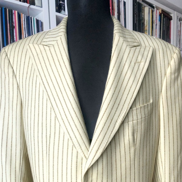 VINTAGE Wool Blend  Ecru Striped Tuxedo Blazer Oversized Peak Lapels Wedding Jacket -  Size EU50 / US 38 / M  - pit to pit 54cm / 21.2in