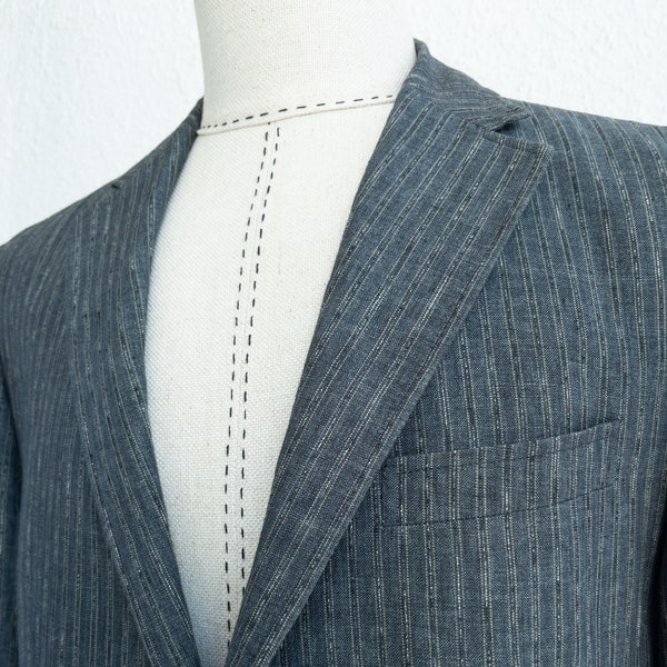 VINTAGE Linen Striped Men's Light Blazer Jacket in Blue-Grey - Pit to pit 59.5cm / 23.4in - Size eu 56 /  us , uk 44